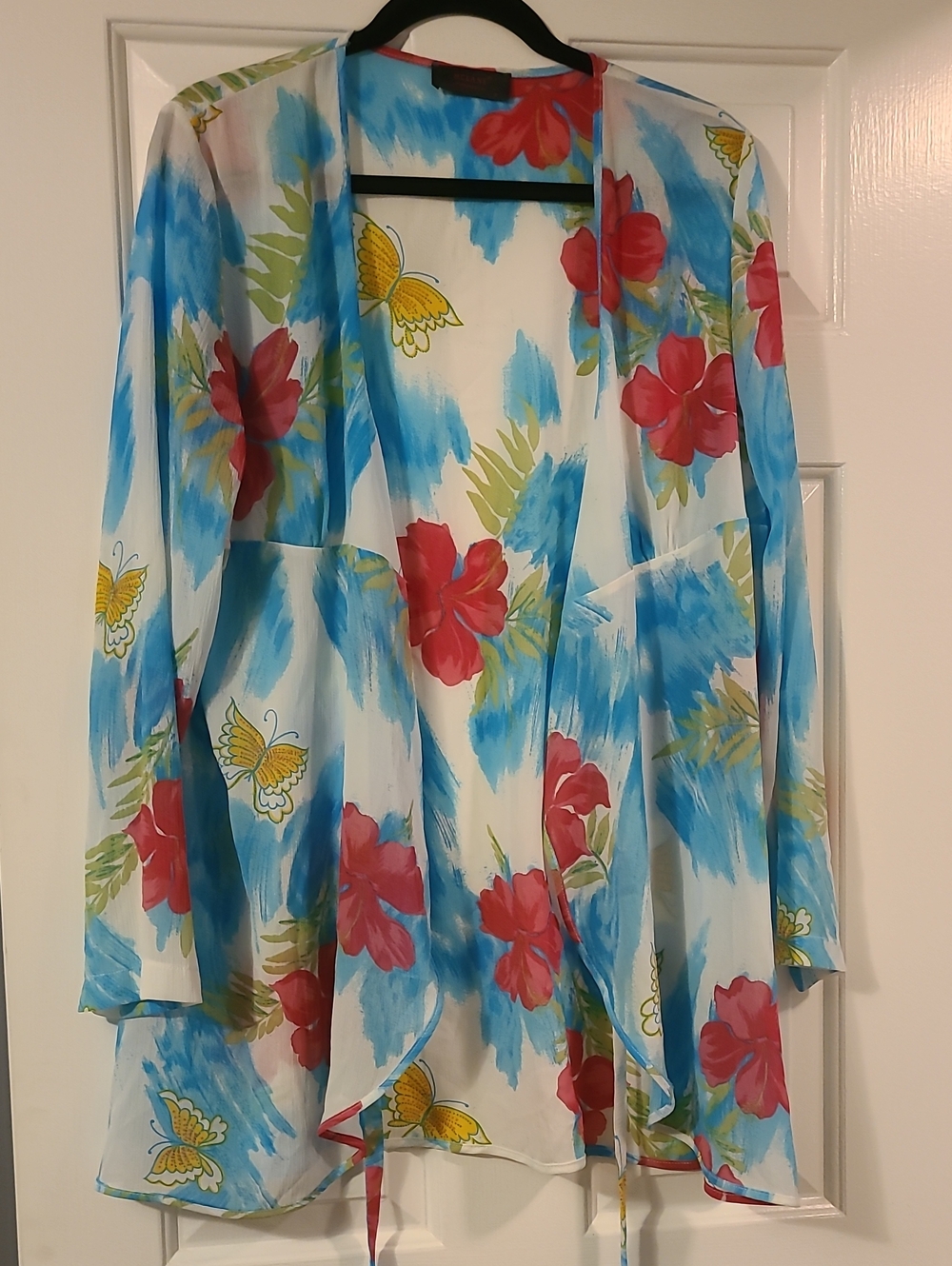Sheer Floral & Butterfly Swim Coverup - Red Floral on Blue & White